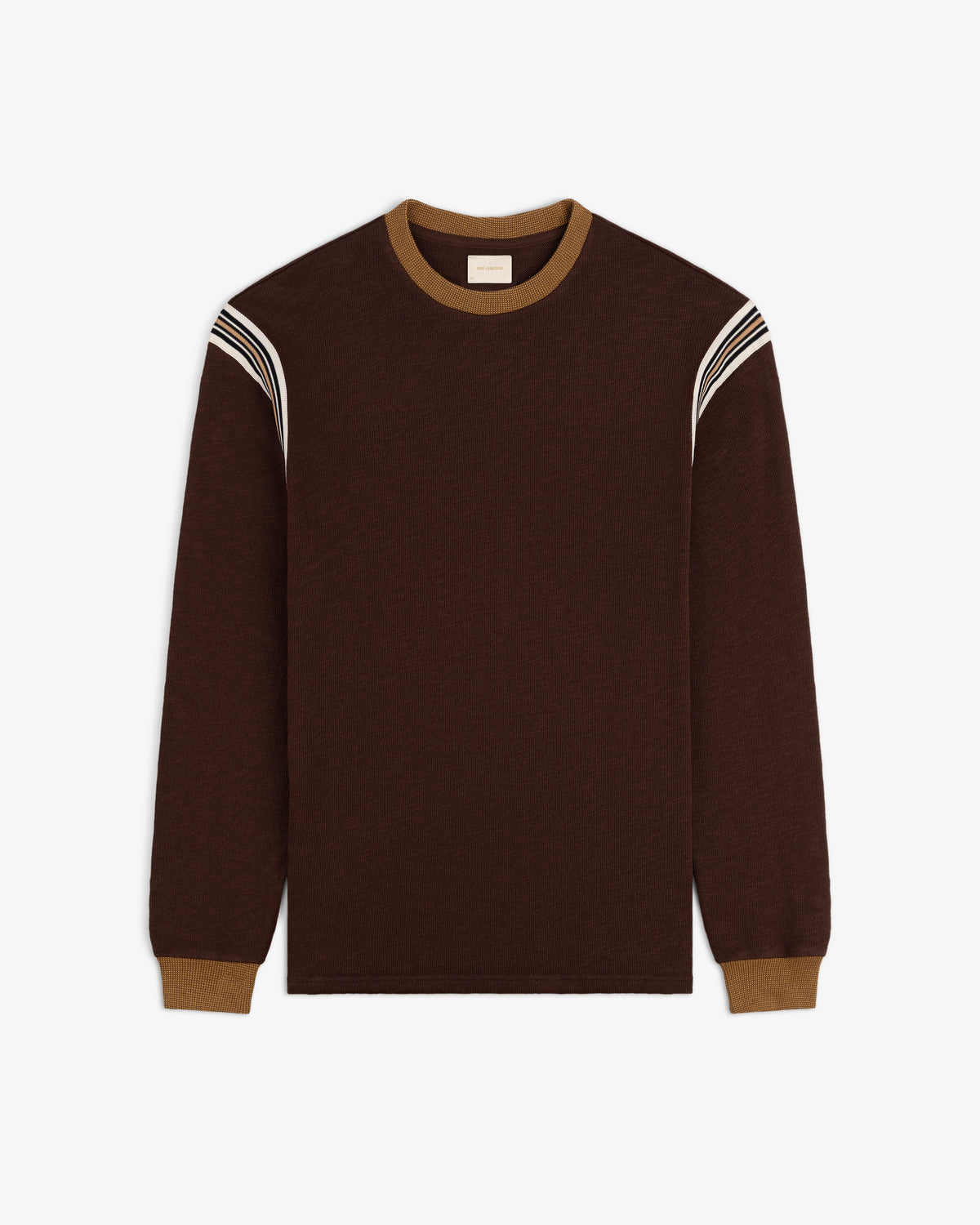 Long-Sleeve Slub Football Tee in brown with tan collar, cuffs, and white shoulder stripes, laid flat on white background.