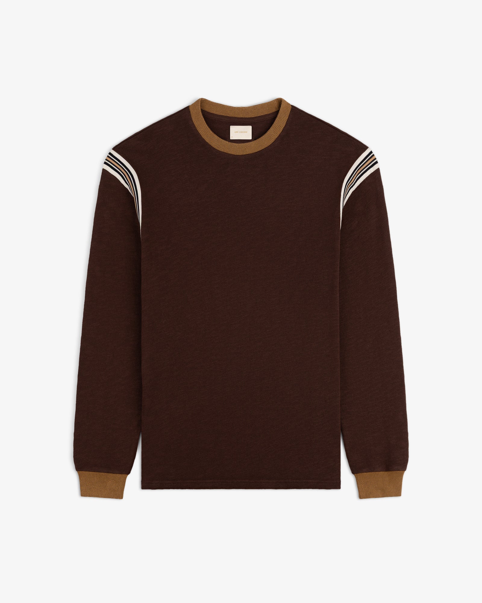 Long-Sleeve Slub Football Tee in brown with tan collar, cuffs, and white shoulder stripes, laid flat on white background.