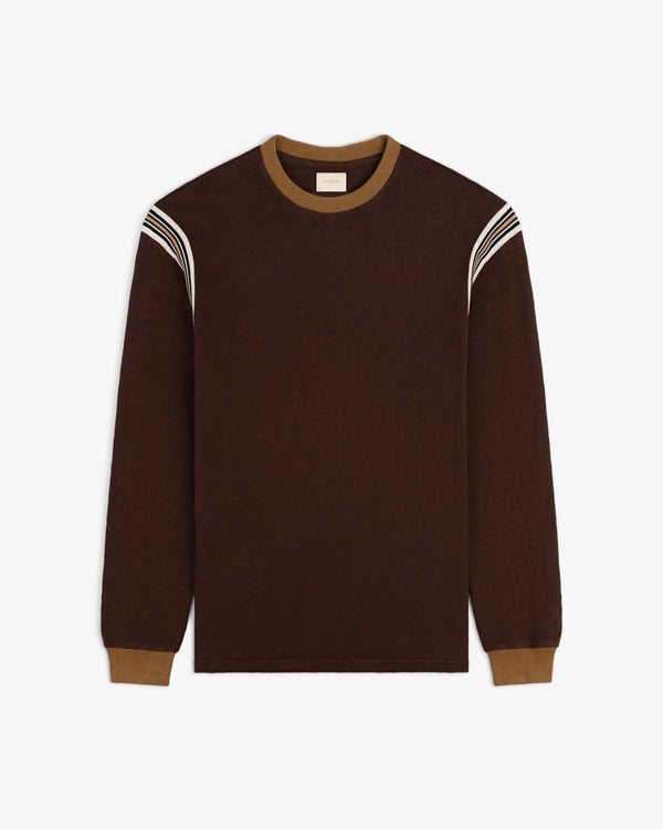 Long-Sleeve Slub Football Tee in brown with tan collar, cuffs, and white shoulder stripes, laid flat on white background.