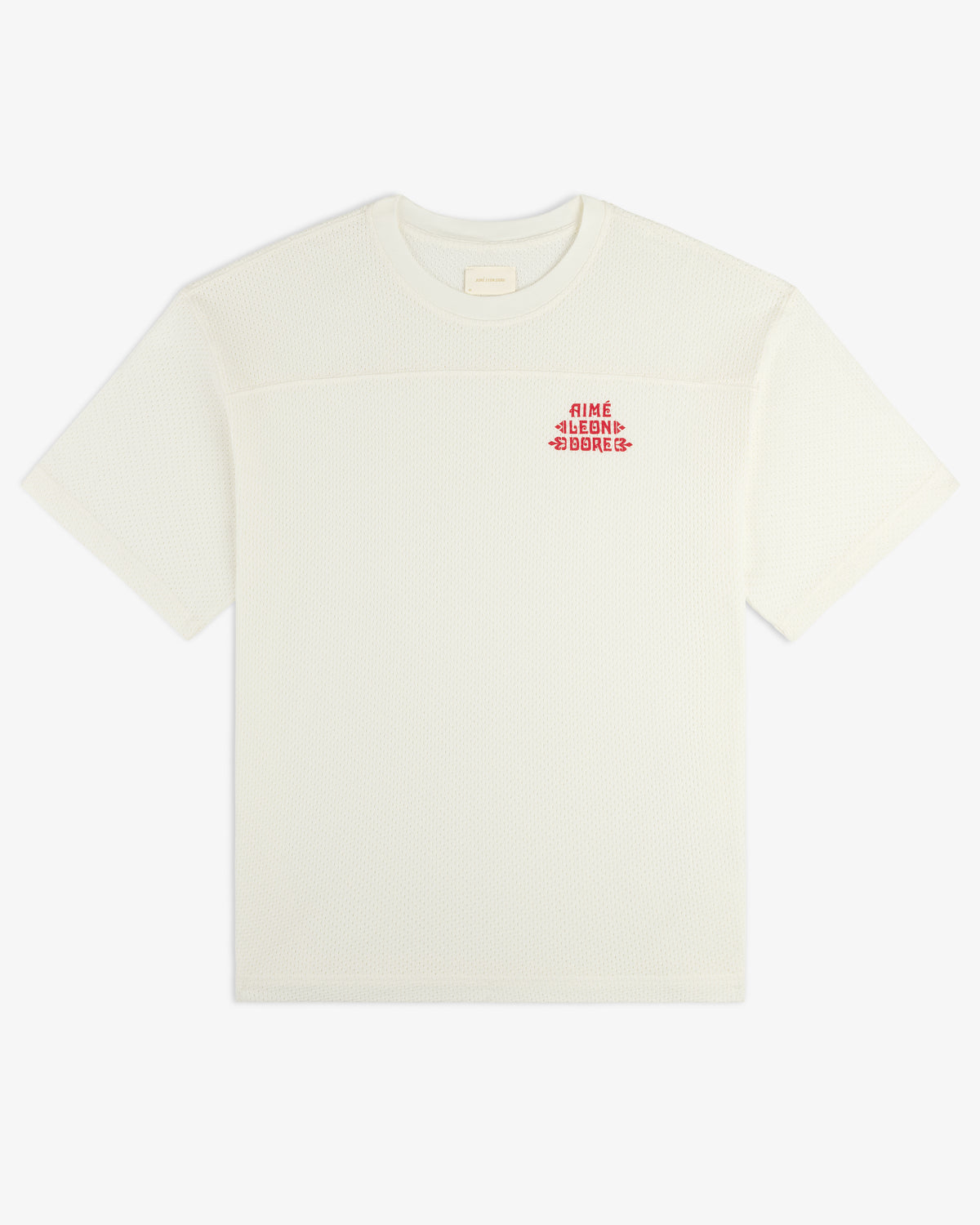 White Pointelle Stacked Logo Tee with short sleeves and small red text on the left chest.