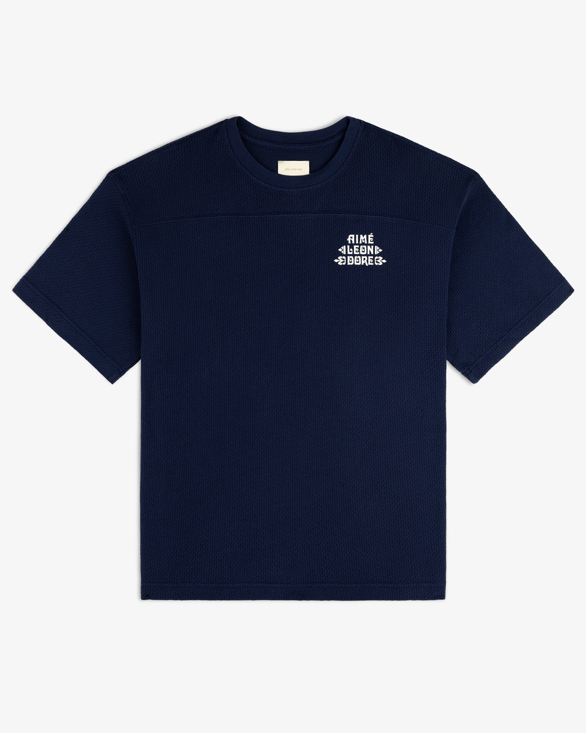 Navy Pointelle Stacked Logo Tee with short sleeves and a small white Aime Leon Dore logo on the left chest.