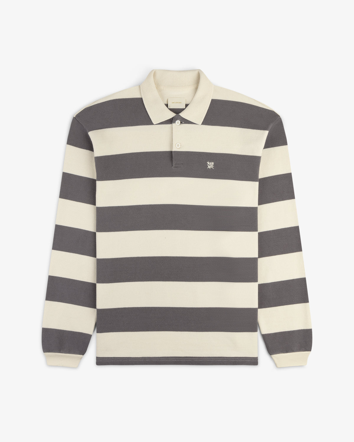 Striped Crest Rugby: Long-sleeve shirt with wide cream and dark gray stripes plus a small chest logo.