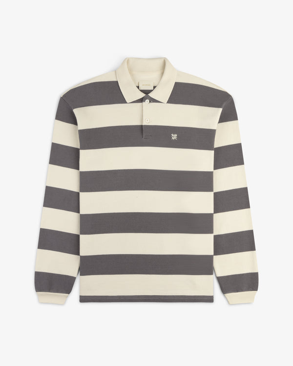 Striped Crest Rugby: Long-sleeve shirt with wide cream and dark gray stripes plus a small chest logo.