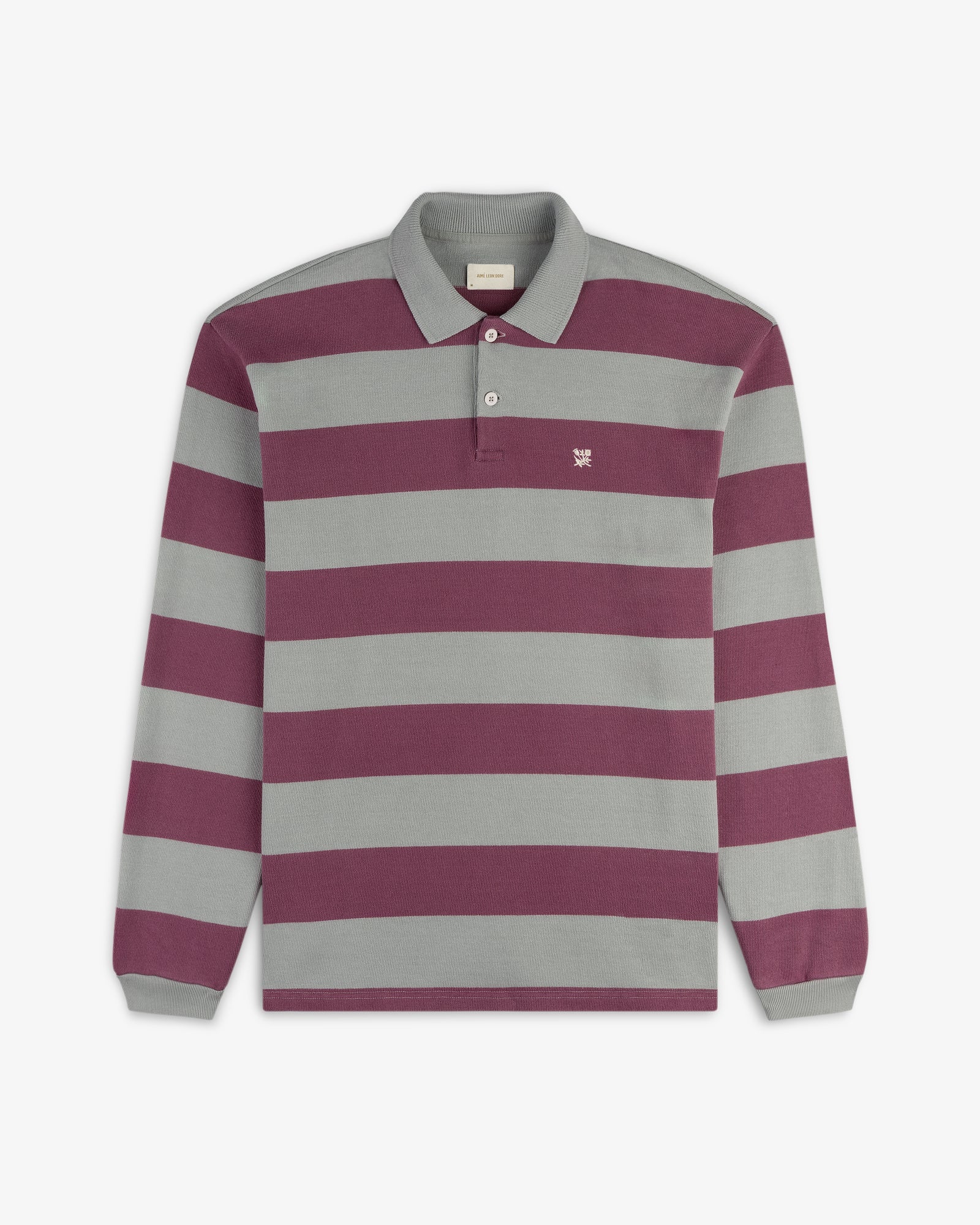 Striped Crest Rugby: Long-sleeve with maroon and gray stripes, collar, and small chest logo.