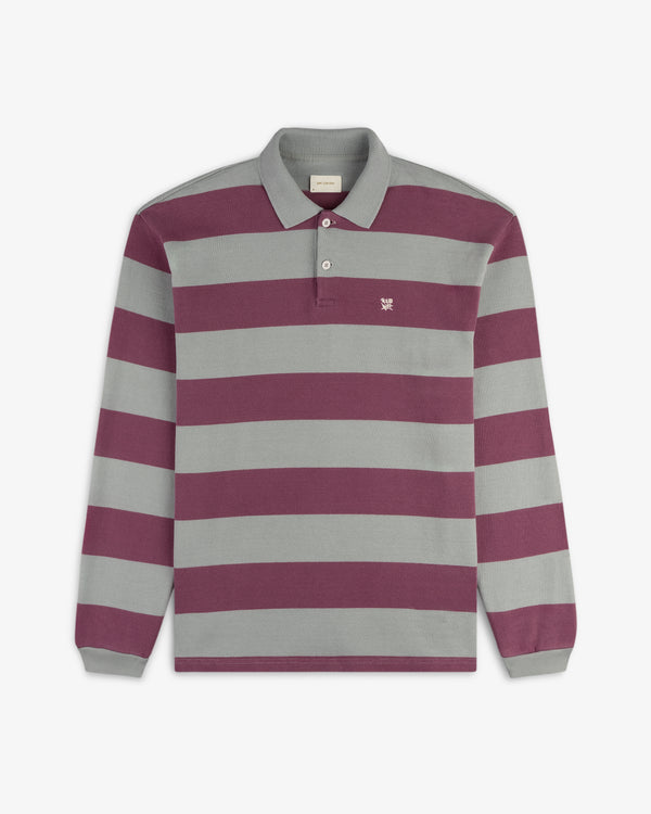 Striped Crest Rugby: Long-sleeve with maroon and gray stripes, collar, and small chest logo.