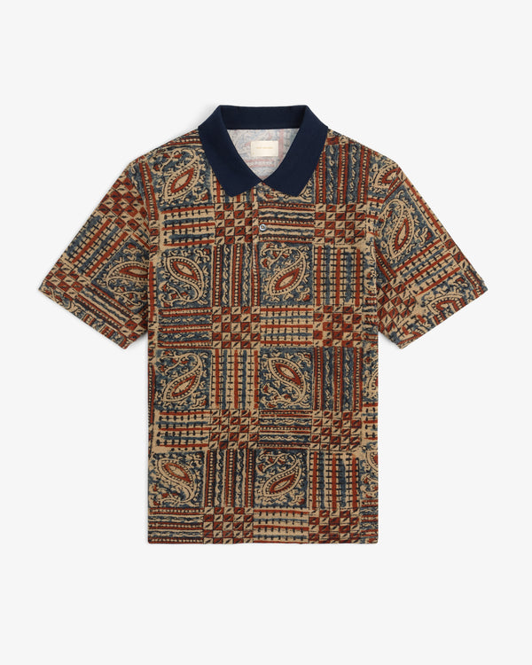 Paisley Printed Piqué Polo with navy collar, multicolored geometric and paisley pattern on a beige background.