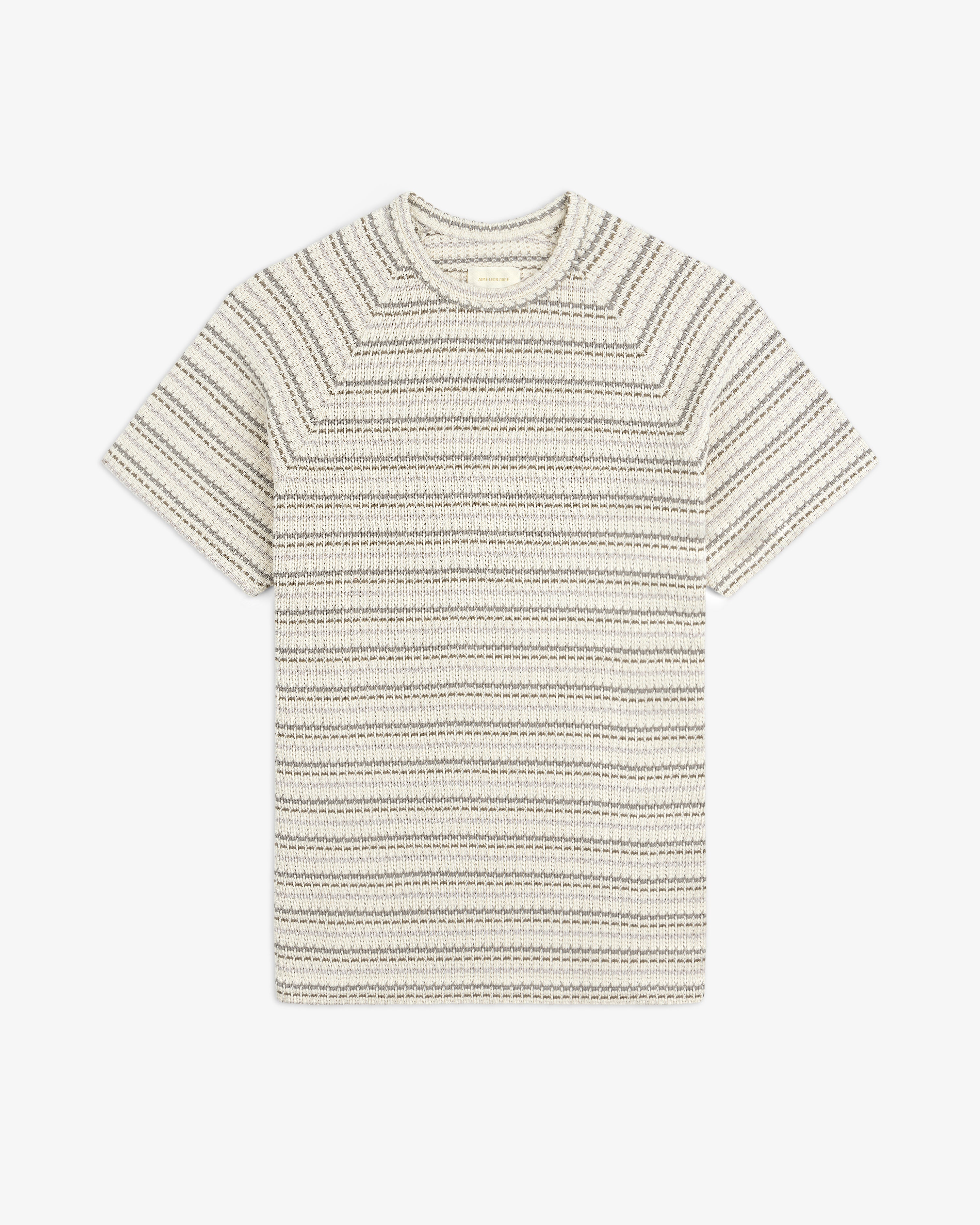 Jacquard Striped Tee in cream with short sleeves and textured black stripes, laid flat on a white background.