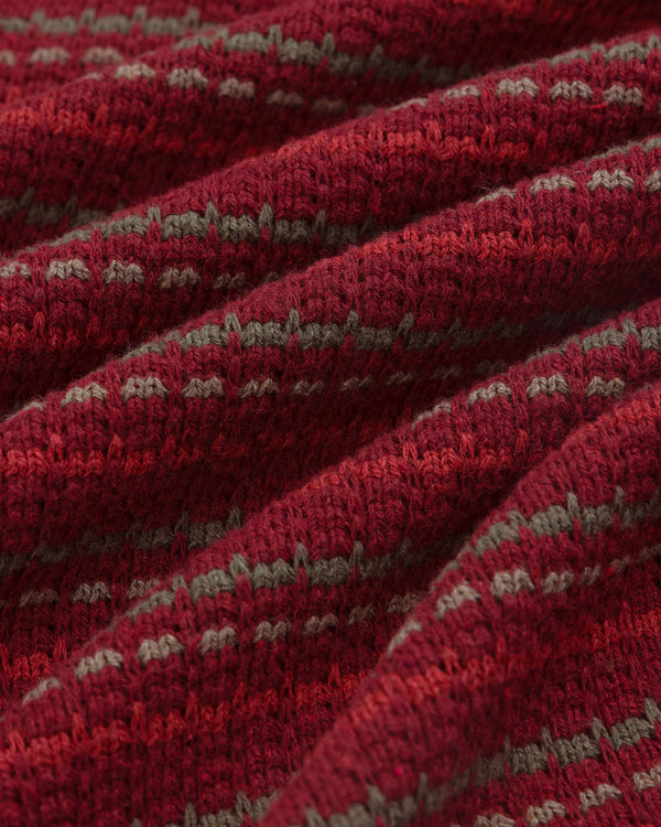 Close-up of the Jacquard Striped Tee in red and gray, featuring a textured knit and striped pattern.