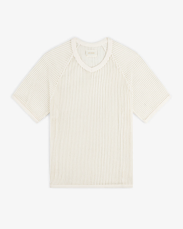 Mesh V-Neck Tee in off-white with short sleeves, ribbed knit, shown on a plain white background.