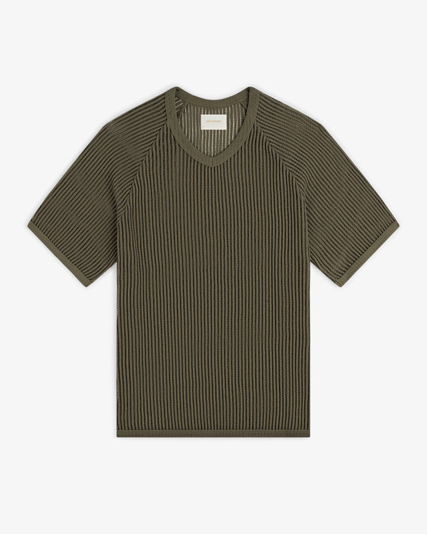 Mesh V-Neck Tee in olive green, short sleeves and ribbed knit, laid flat on a white background.