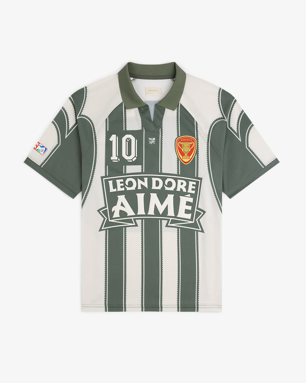 Aimé Cup Soccer Jersey: green/white stripes, "AIME LEON DORE" text, number 10, and crest on the front.