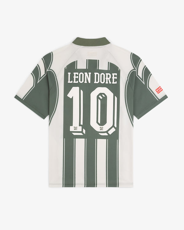 Aimé Cup Soccer Jersey: green/white with LEON DORE and number 10 on back, small sleeve patch included.