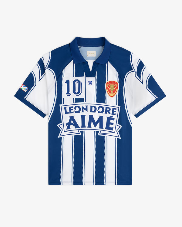 Aimé Cup Soccer Jersey with blue and white stripes, "10" and "LEON DORE AIMÉ," and a red crest on the chest.