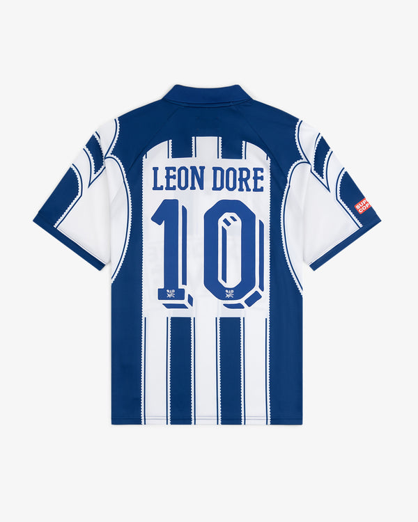 Aimé Cup Soccer Jersey in blue/white stripes with LEON DORE and number 10 printed on the back.