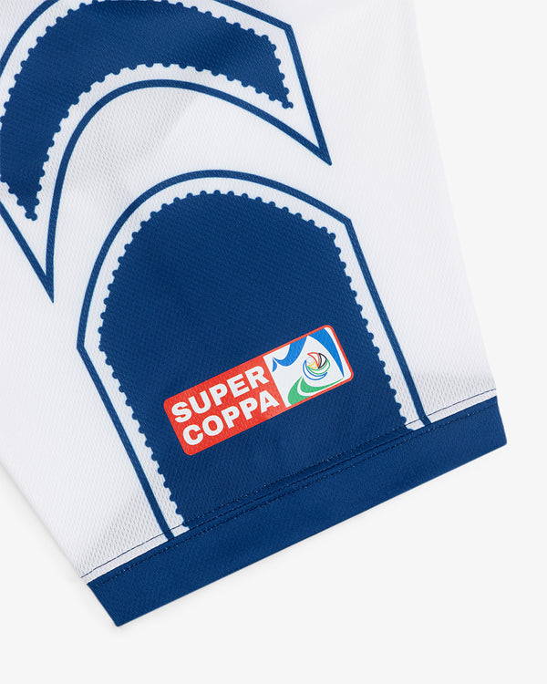 The Aimé Cup Soccer Jersey is white with blue designs and a Supercoppa patch near the sleeve hem.