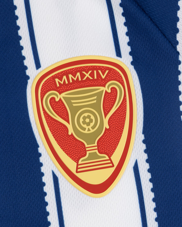 The Aimé Cup Soccer Jersey features gold MMXIV badge on a blue and white striped background.