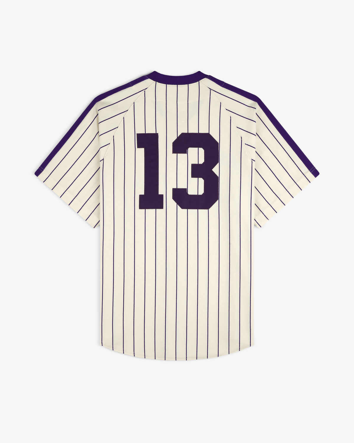 Aimé Baseball Jersey: white pinstripes, purple trim, large number 13 on back.