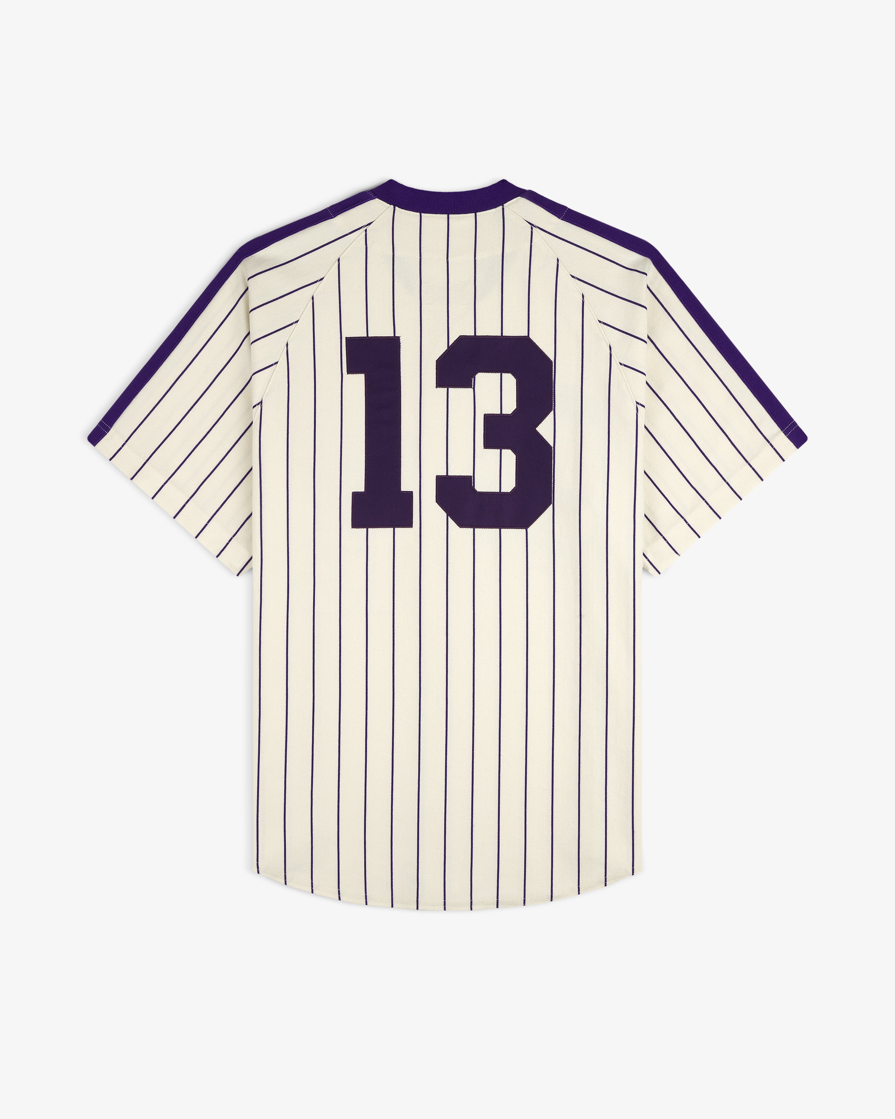 Aimé Baseball Jersey: white pinstripes, purple trim, large number 13 on back.