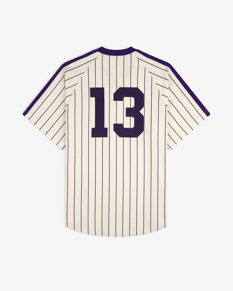 Aimé Baseball Jersey: white pinstripes, purple trim, large number 13 on back.