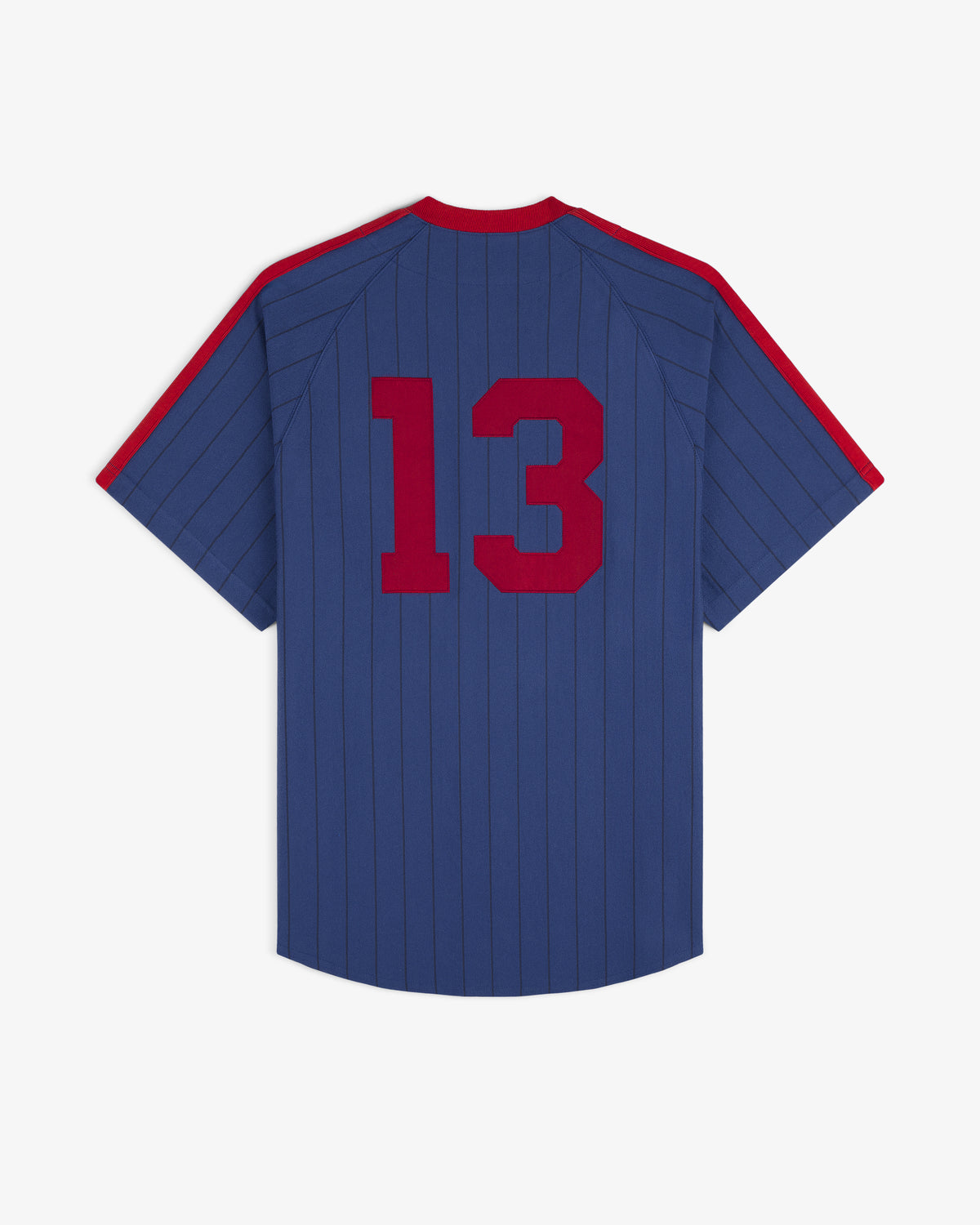 Aimé Baseball Jersey: Blue pinstriped with red trim and large red 13 on the back.