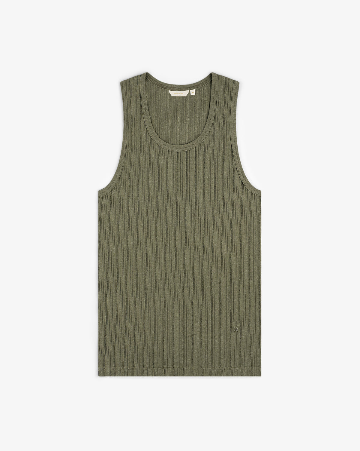 Drop Needle Tank Top in olive green with a ribbed texture and round neckline, displayed on a white background.