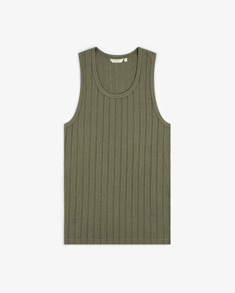Drop Needle Tank Top in olive green with a ribbed texture and round neckline, displayed on a white background.