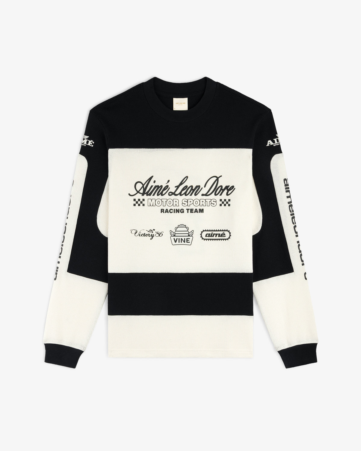 Black and white Long-Sleeve Mesh Enduro Tee featuring racing graphics and Aimé Leon Dore Motor Sports Racing Team text on front.