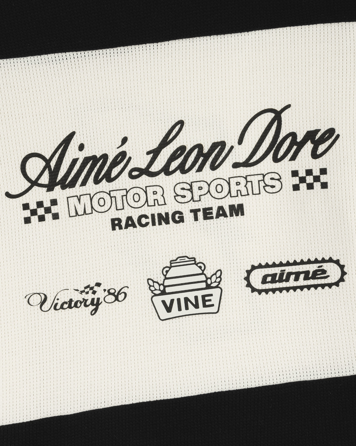 Long-Sleeve Mesh Enduro Tee with racing-themed Aimé Leon Dore graphic: Motor Sports Racing Team, Victory 86, Vine.