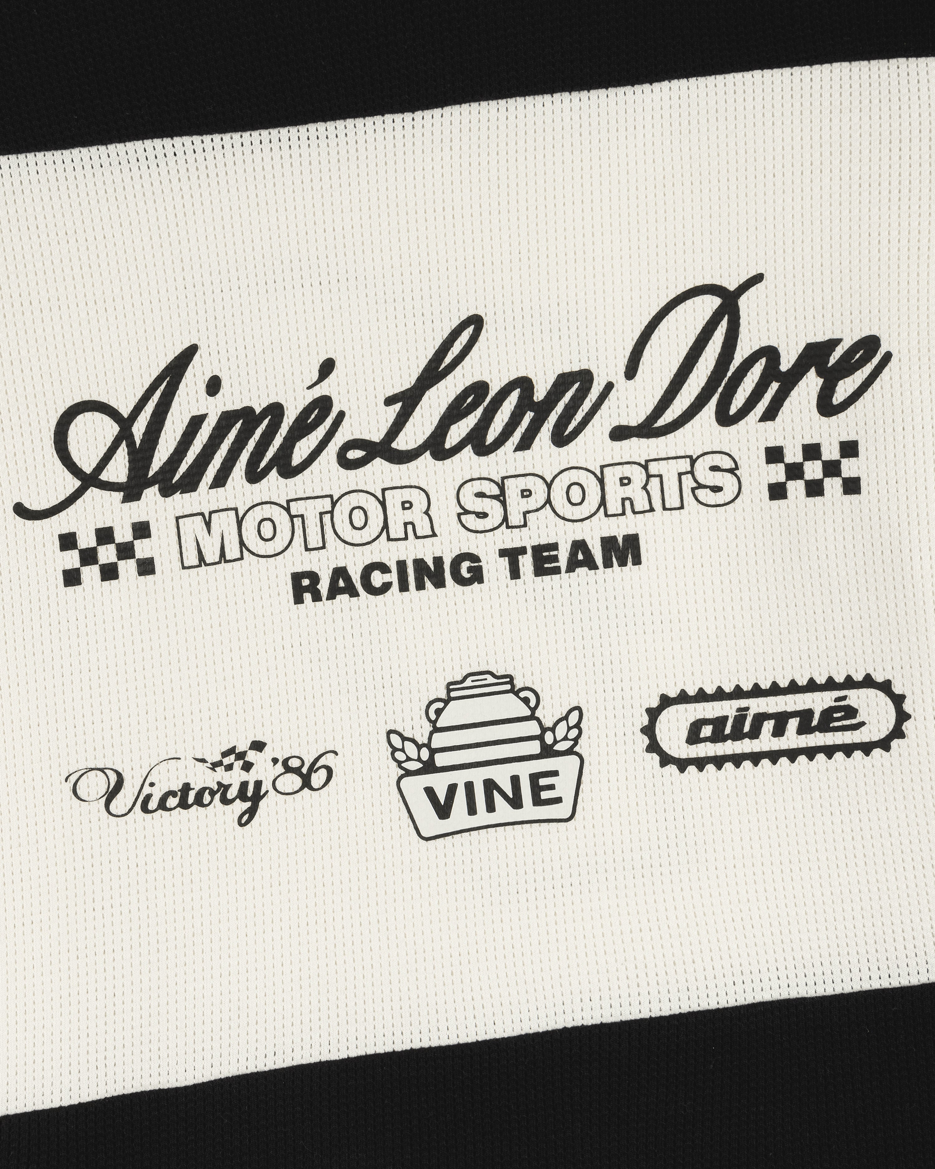 Long-Sleeve Mesh Enduro Tee with racing-themed Aimé Leon Dore graphic: Motor Sports Racing Team, Victory 86, Vine.