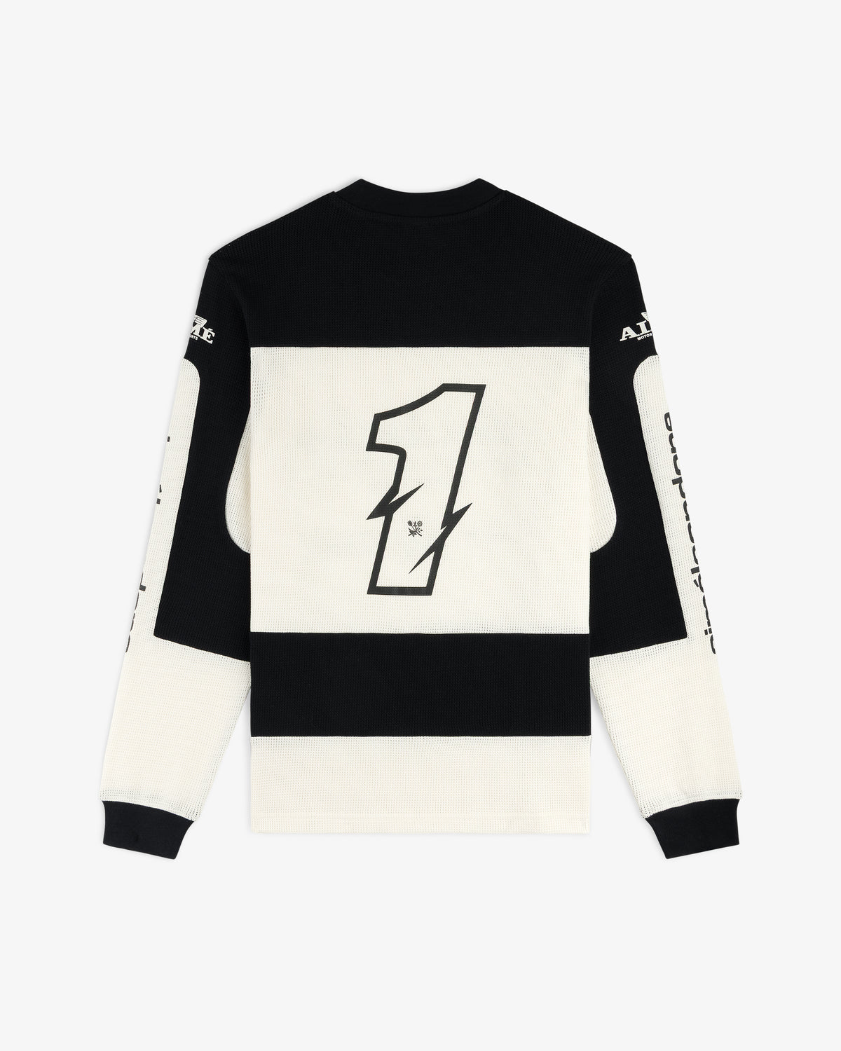 Long-Sleeve Mesh Enduro Tee in black and white with a large number 1 on the back and text on the sleeves.