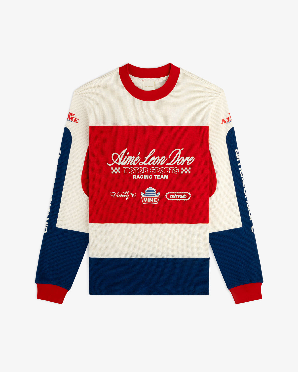 Long-Sleeve Mesh Enduro Tee with red, white, and blue colorblocks and racing-inspired front and sleeve logos.