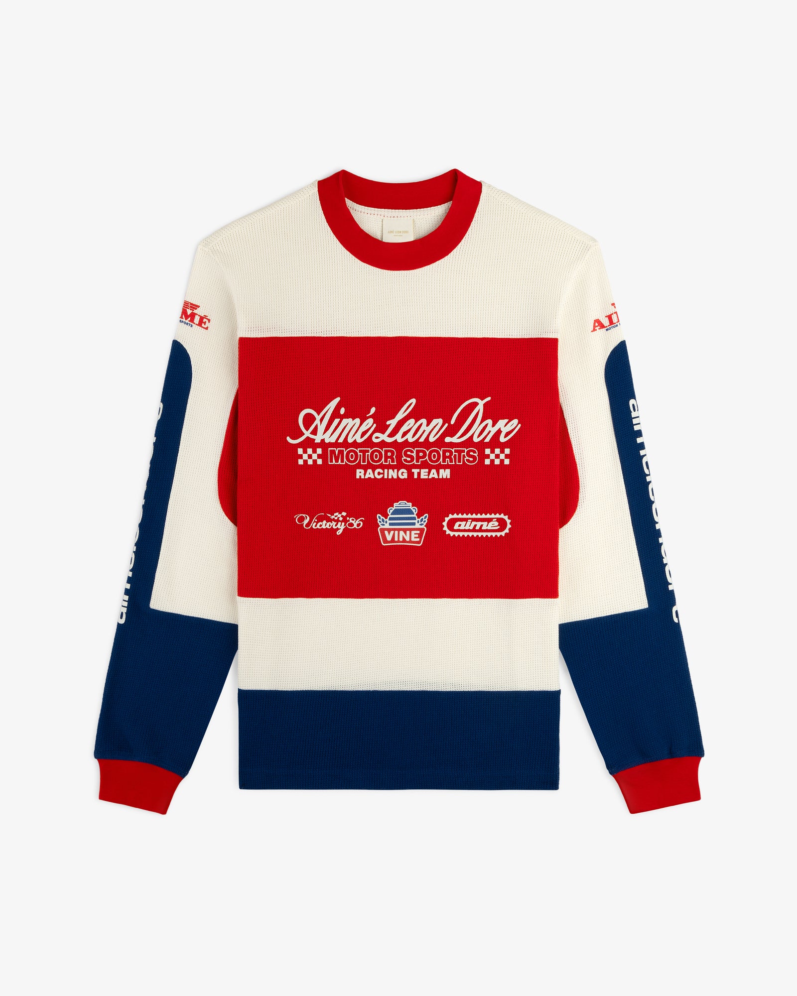 Long-Sleeve Mesh Enduro Tee with red, white, and blue colorblocks and racing-inspired front and sleeve logos.