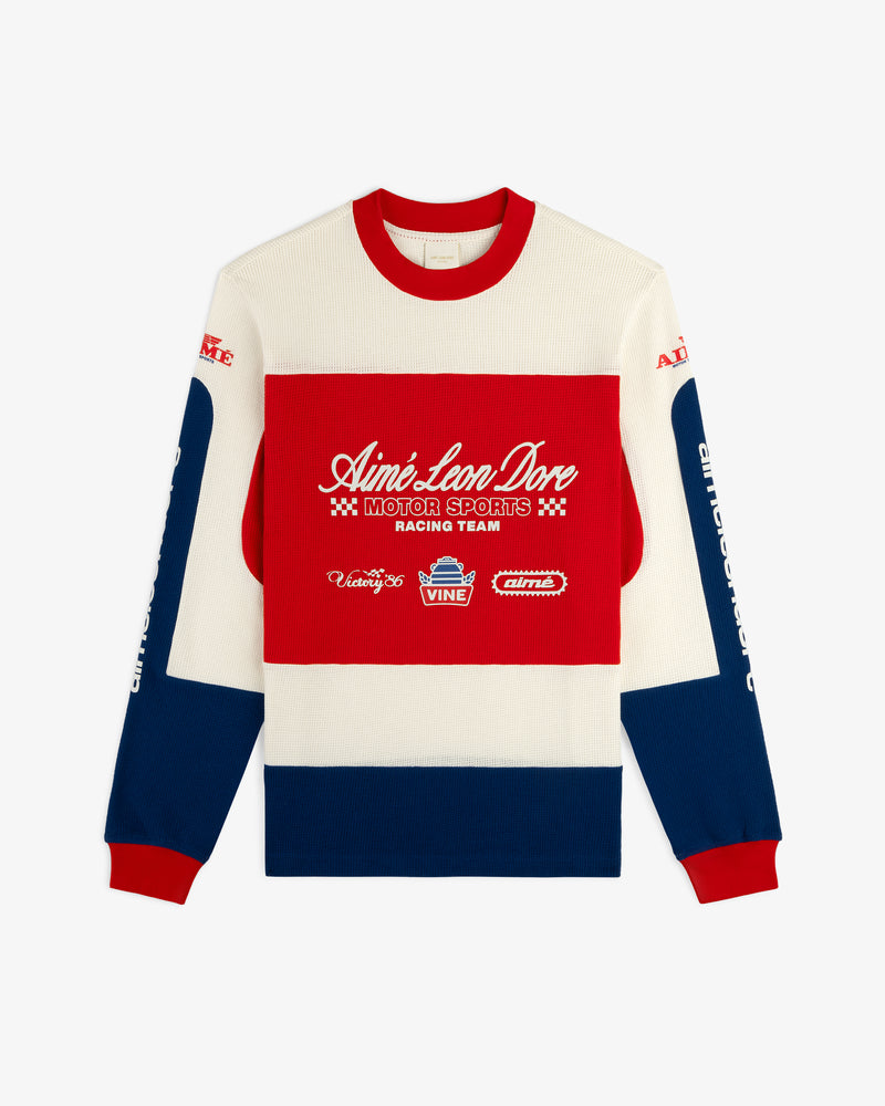 Long-Sleeve Mesh Enduro Tee with red, white, and blue colorblocks and racing-inspired front and sleeve logos.
