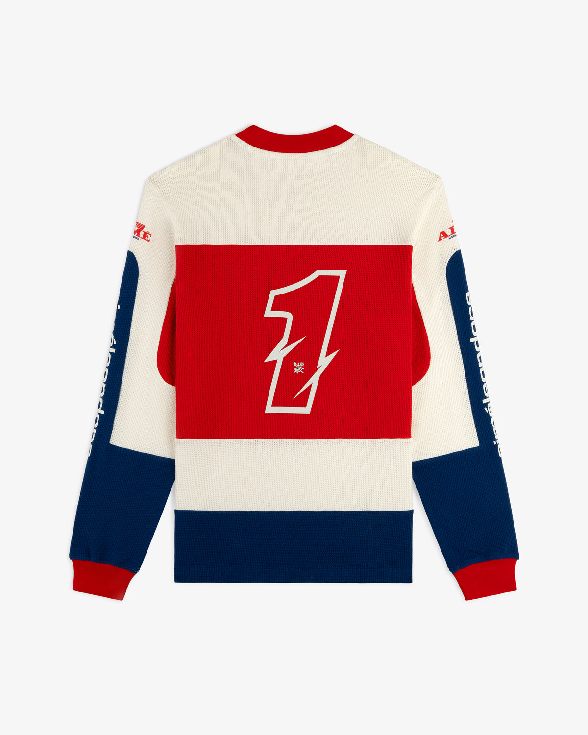 Long-Sleeve Mesh Enduro Tee with red, white, blue color blocks and a bold number 1 on the back.