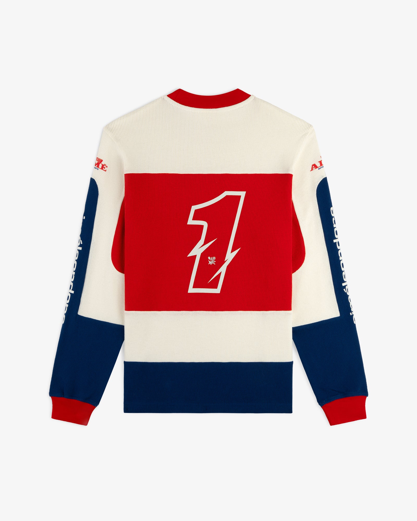 Long-Sleeve Mesh Enduro Tee with red, white, blue color blocks and a bold number 1 on the back.