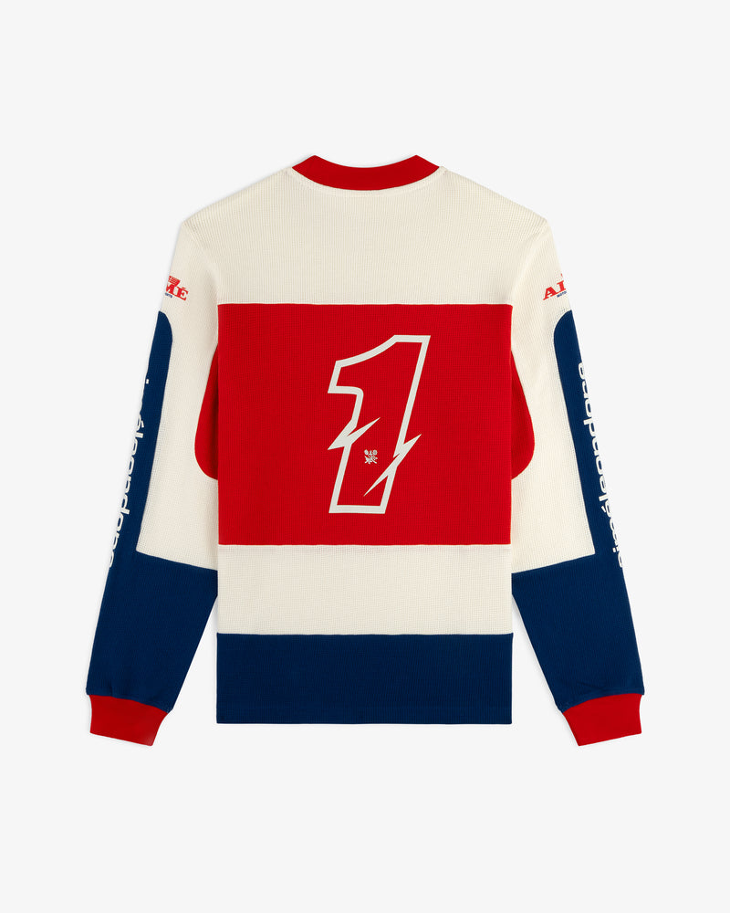 Long-Sleeve Mesh Enduro Tee with red, white, blue color blocks and a bold number 1 on the back.