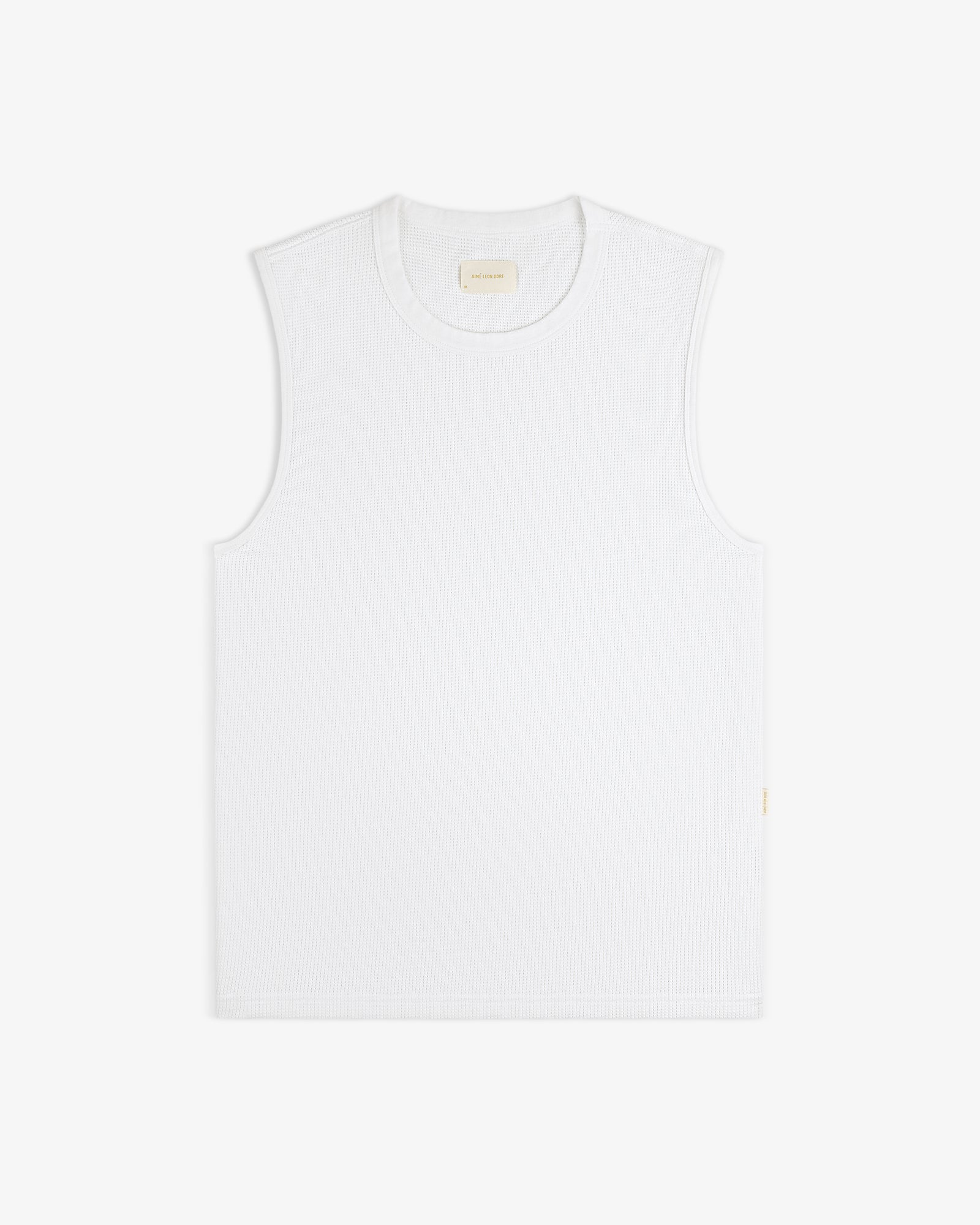 Mesh Muscle Tank in white, sleeveless and textured, laid flat on a white background.