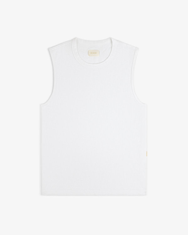Mesh Muscle Tank in white, sleeveless and textured, laid flat on a white background.