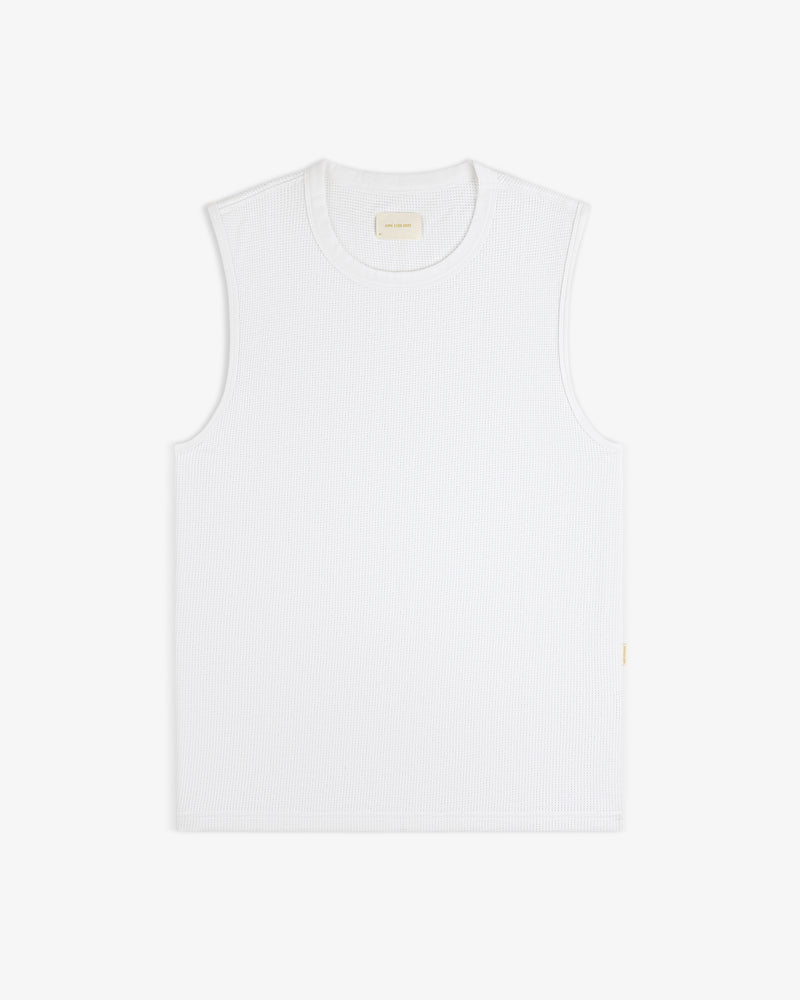 Mesh Muscle Tank in white, sleeveless and textured, laid flat on a white background.