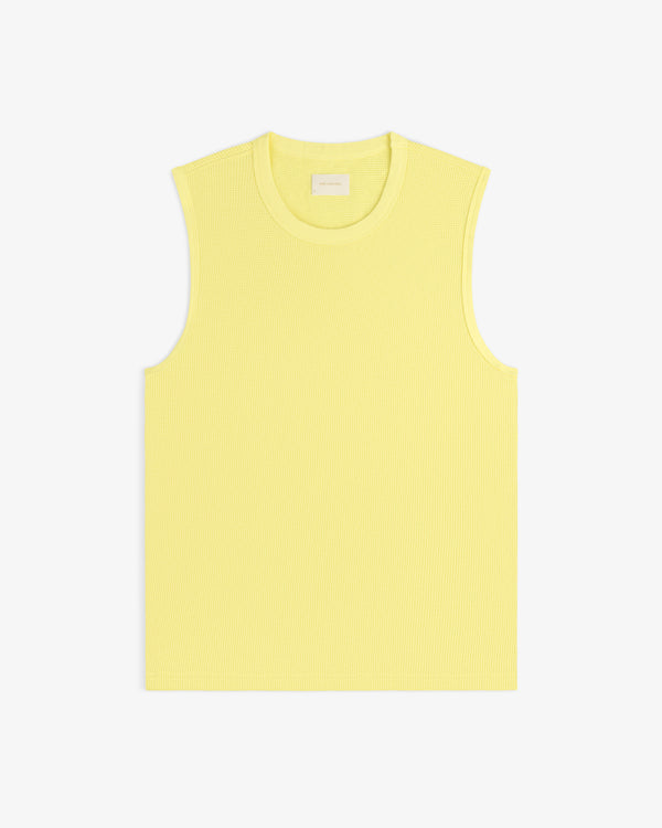 Mesh Muscle Tank in yellow, sleeveless and ribbed, displayed flat on a white background.