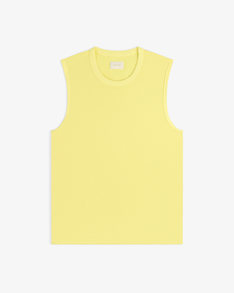 Mesh Muscle Tank in yellow, sleeveless and ribbed, displayed flat on a white background.