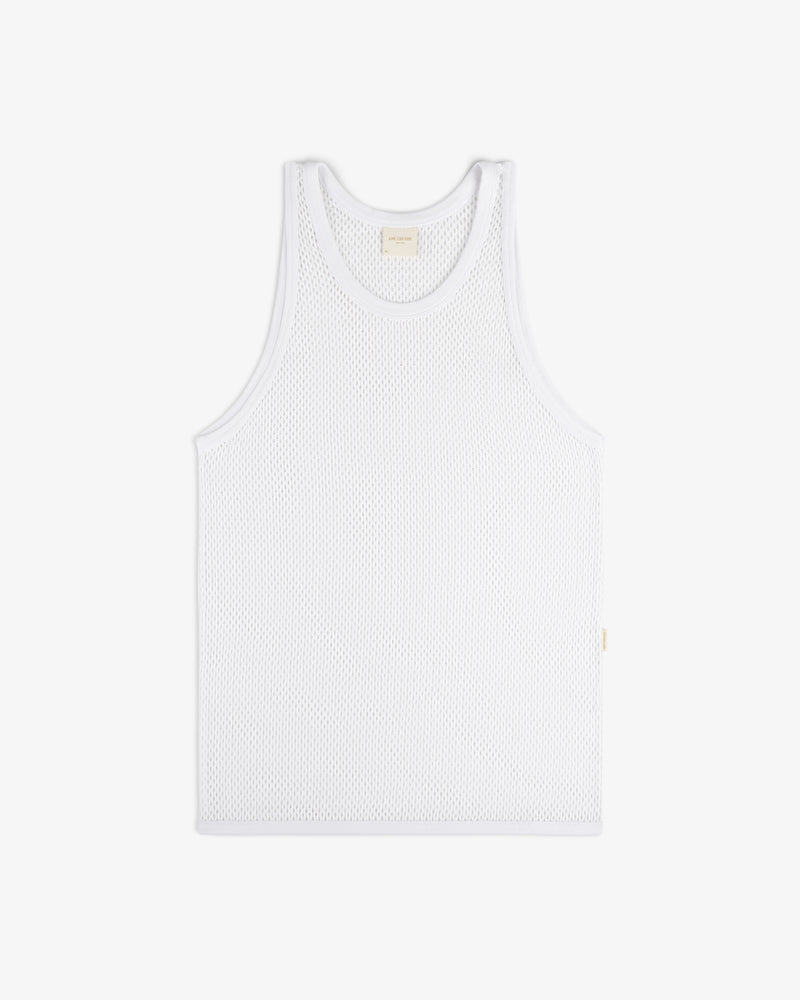 Mesh Tank Top displayed flat on a white background, highlighting its sleeveless cut and breathable mesh fabric.