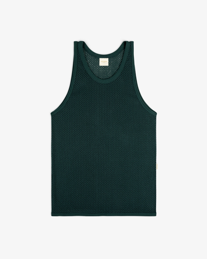 Mesh Tank Top in dark green, displayed flat on a white background.