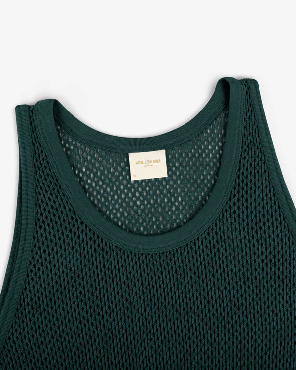 Mesh Tank Top in dark green with a crew neck and white inner collar label, displayed flat on a white background.