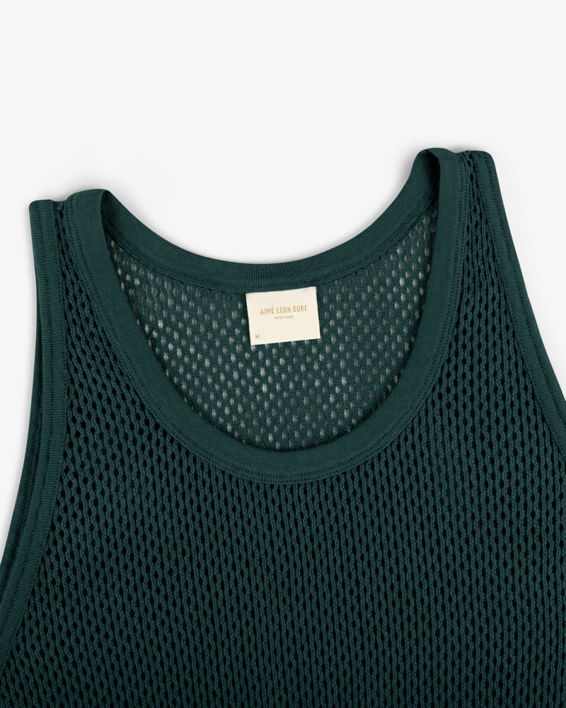 Mesh Tank Top in dark green with a crew neck and white inner collar label, displayed flat on a white background.