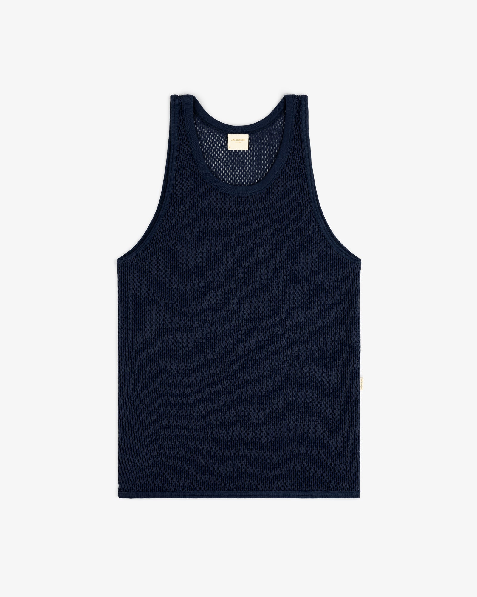 Mesh Tank Top in navy blue, sleeveless, displayed flat on a white background.