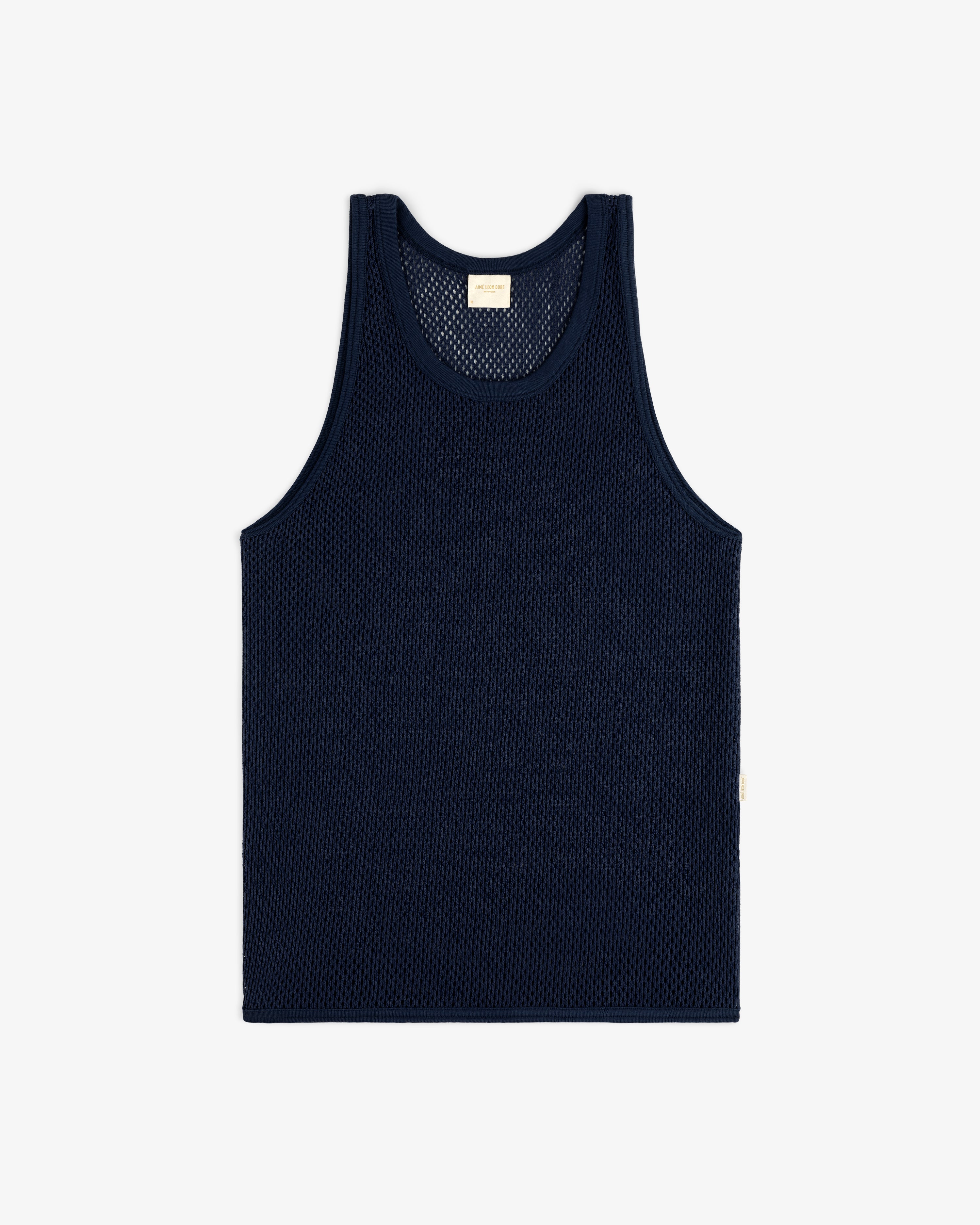 Mesh Tank Top in navy blue, sleeveless, displayed flat on a white background.