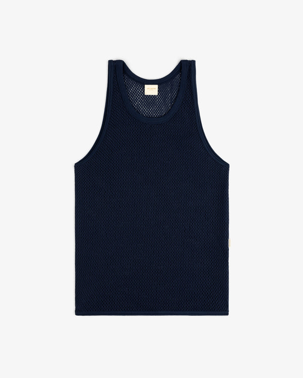 Mesh Tank Top in navy blue, sleeveless, displayed flat on a white background.