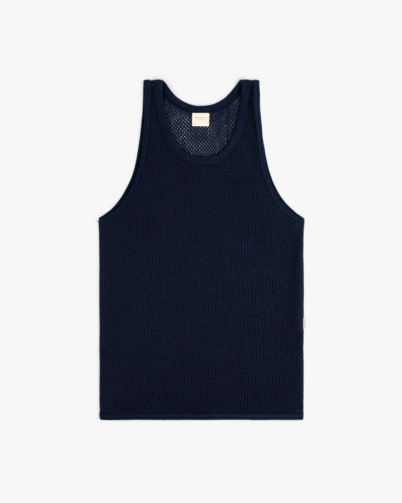 Mesh Tank Top in navy blue, sleeveless, displayed flat on a white background.