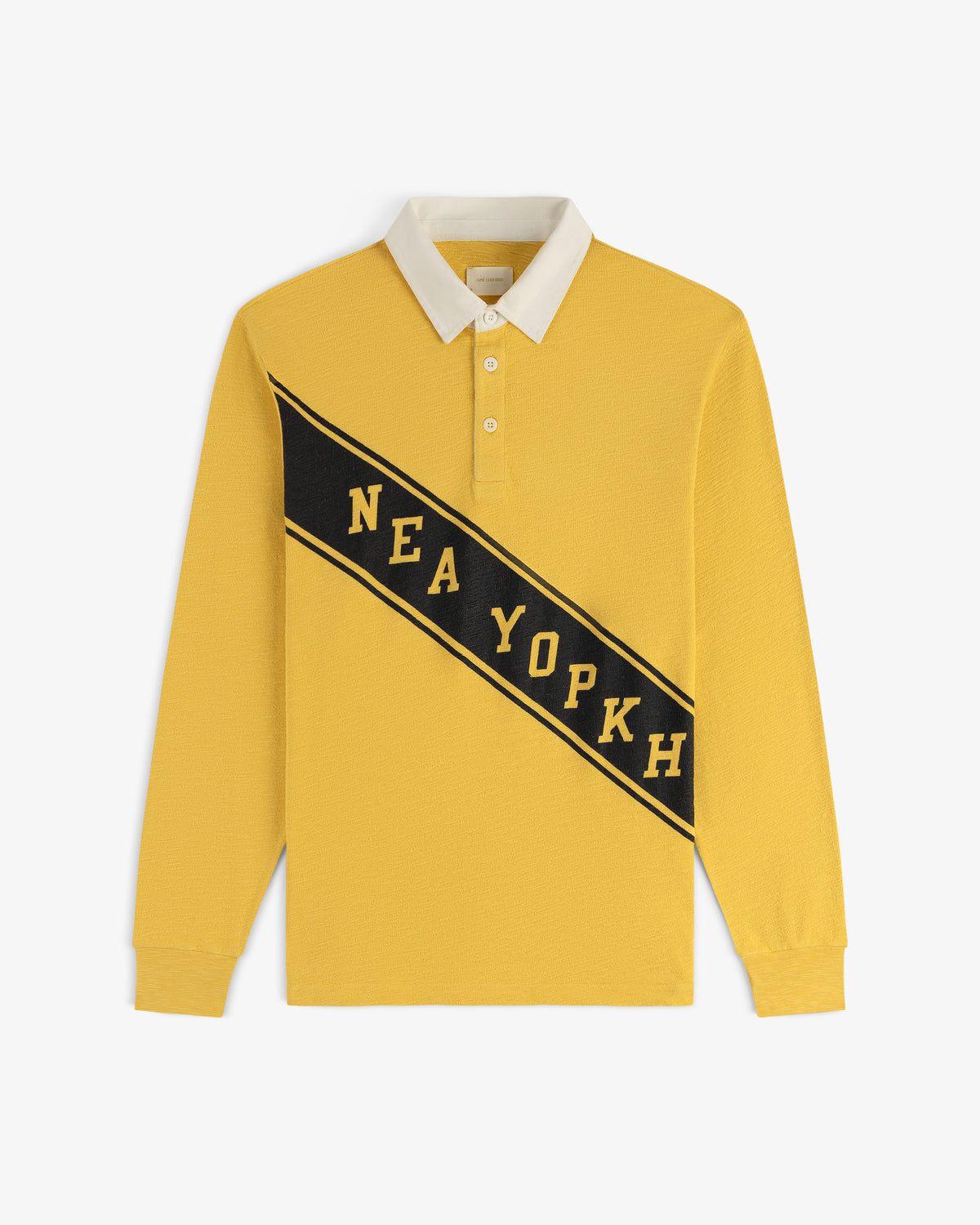 Vintage Slub Rugby: Yellow long-sleeve polo with white collar and NEA YOPKH on a black diagonal stripe across front.